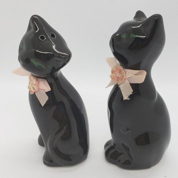 𝅺Black Cats Green Eyes Pink Bows & Flowers Vintage Salt & Pepper Shaker Set - Picture 10 of 11